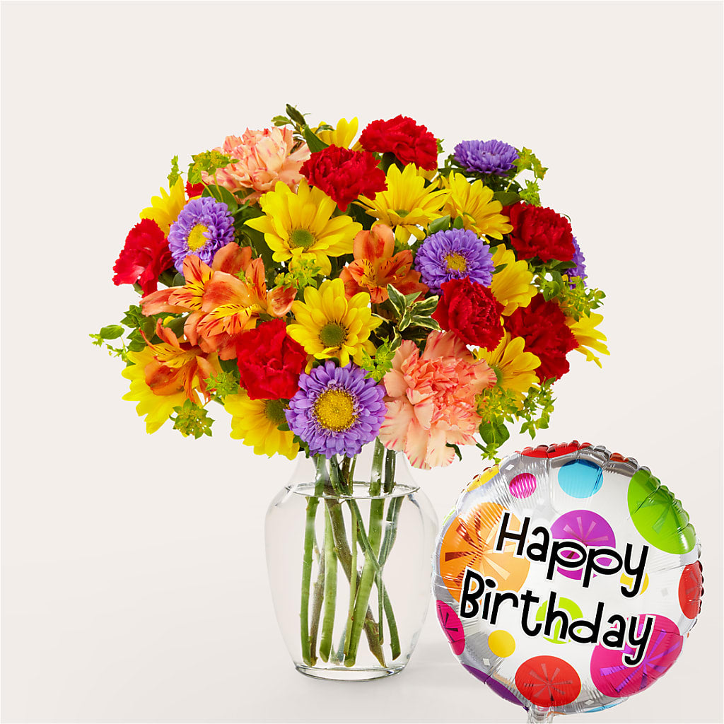 Kaleidoscope Bouquet with Birthday Balloon – TAMMIE'S COUNTRY FLORIST, Hurlock MD