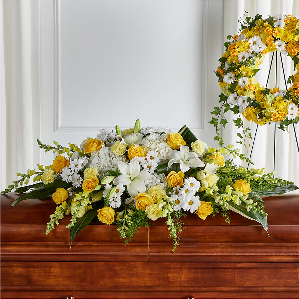 Golden Harmony Casket Spray – TAMMIE'S COUNTRY FLORIST, Hurlock MD