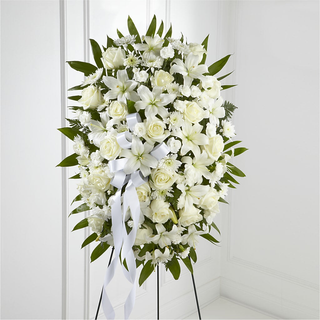 Exquisite Tribute Standing Spray-White Ribbon – TAMMIE'S COUNTRY FLORIST, Hurlock MD