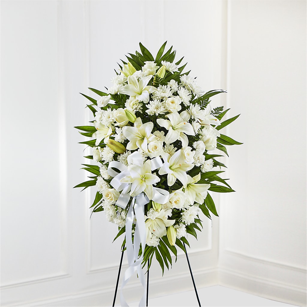 Exquisite Tribute Standing Spray-White Ribbon – TAMMIE'S COUNTRY FLORIST, Hurlock MD